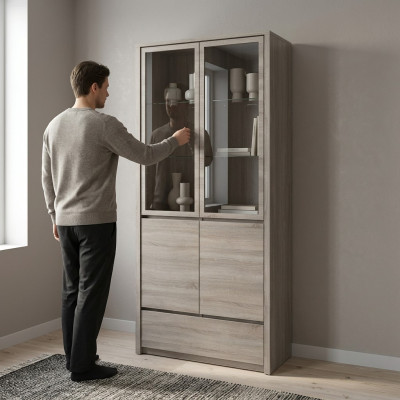Kitchen display cabinet with drawer and glass shelves
