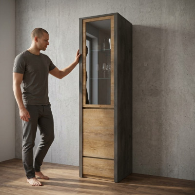 Display cabinet with drawer and glass shelves
