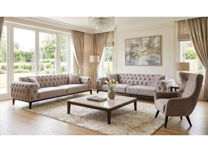 3+3+1-Sitzer Sofa Set Beige Textil Holz Modern Einfarbig Сhesterfield