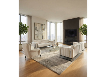 Wohnzimmer-Set 2x 3 Sitzer Sofa Sessel Hoher Rückenlehne Weiß