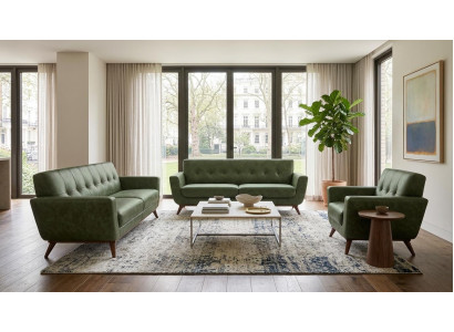 Zwei Dreisitzer Sofas Sessel Kunstleder Grün Retro Wohnzimmer Garnitur