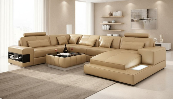Leather sofa, couch, living landscape, modern corner sofa, corner decor, suite, design.