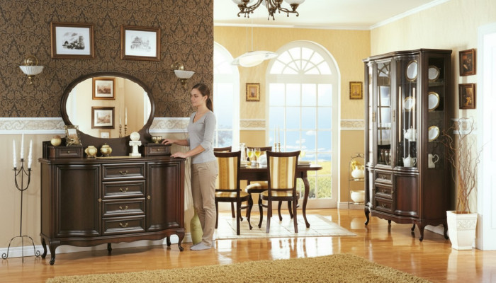 Classic dining room display cabinet, sideboard, chairs, table, Chippendale living room set, 10 pieces