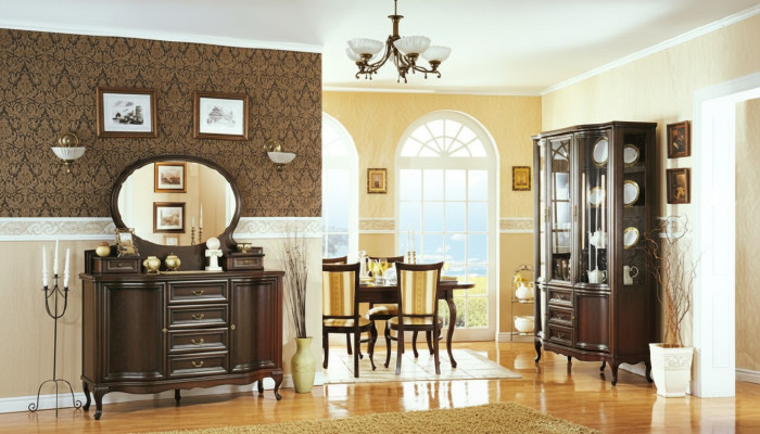 Classic dining room display cabinet, sideboard, chairs, table, Chippendale living room set, 10 pieces