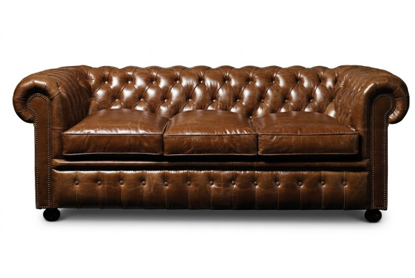 Brown leather Chesterfield three-seater luxury living room couch