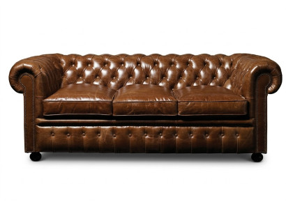 Brown leather Chesterfield three-seater luxury living room couch