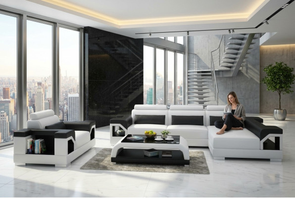 Leather sofa living landscape corner sofa + armchair corner set design modern