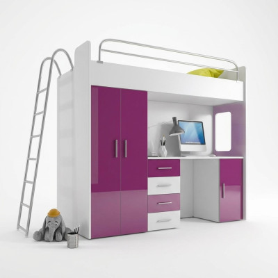 BUNK BED LOFT BED WITH DESK + WARDROBE - RAJ 4D PURPLE